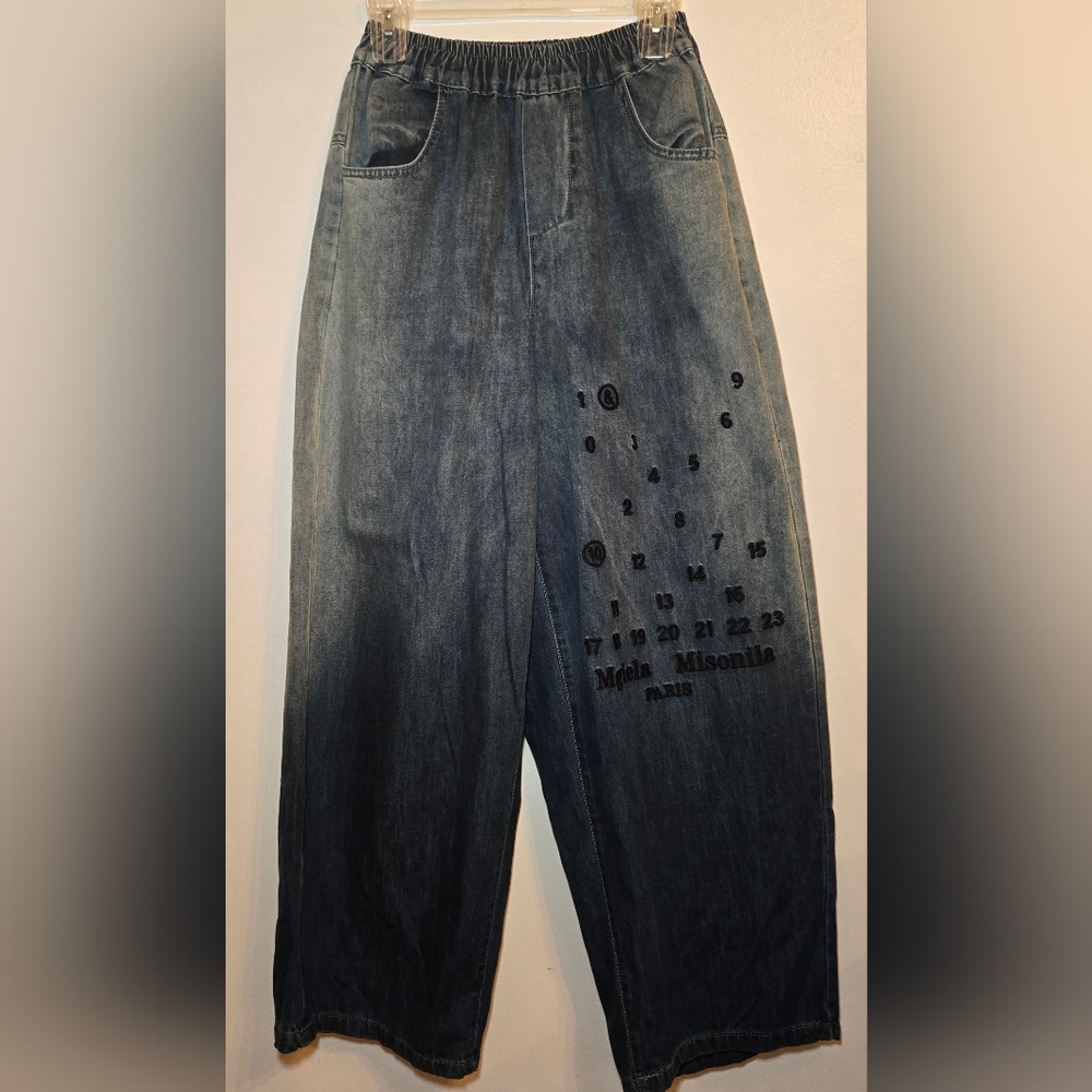 Radish Womens Baggy Wide Leg Embroidered Jeans With Elastic Waist Med Streetwear